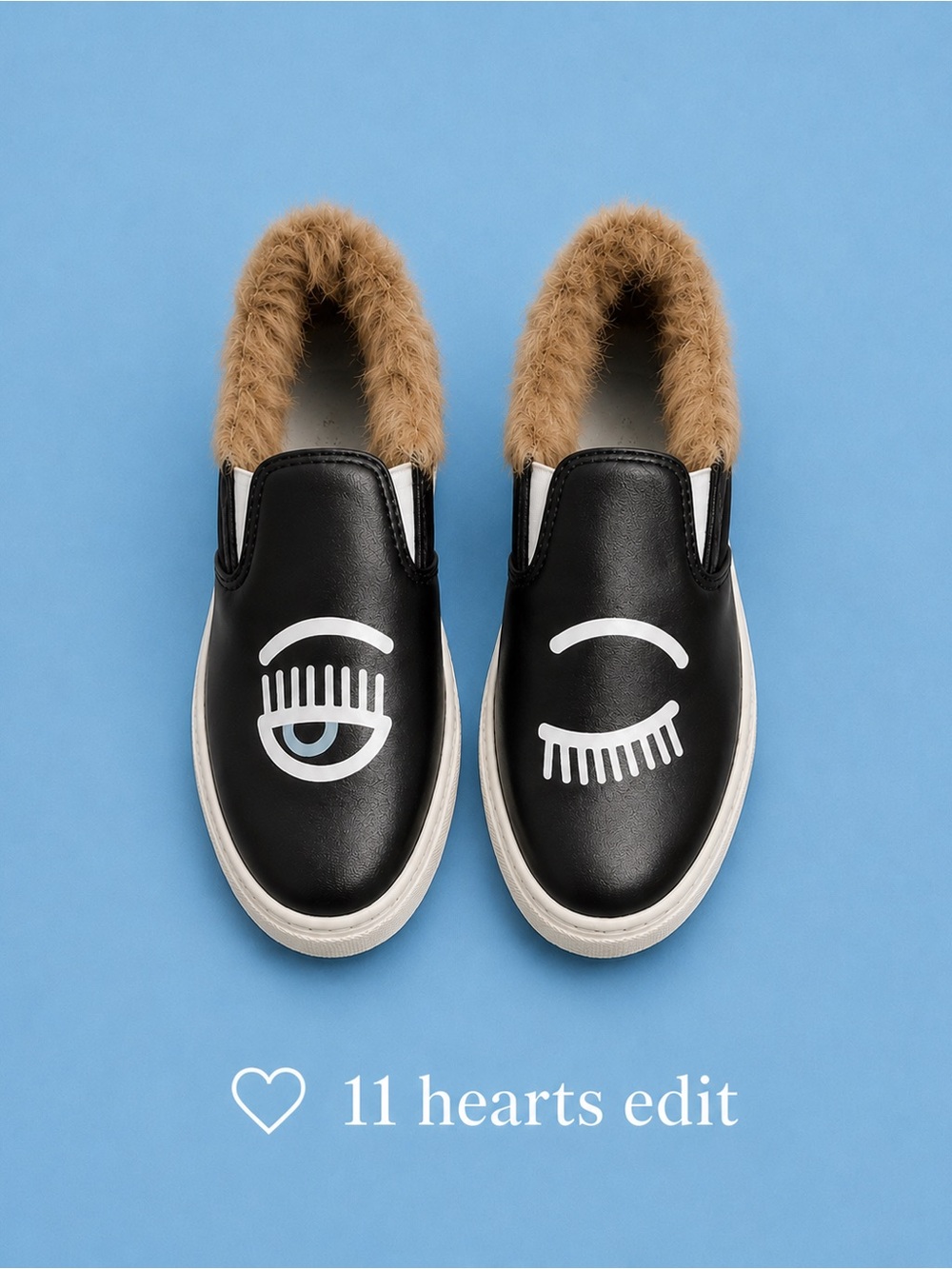 Chiara Ferragni Flirting Eye Fur-Lined Leather Slip-On Sneakers 38/7.5 - 8